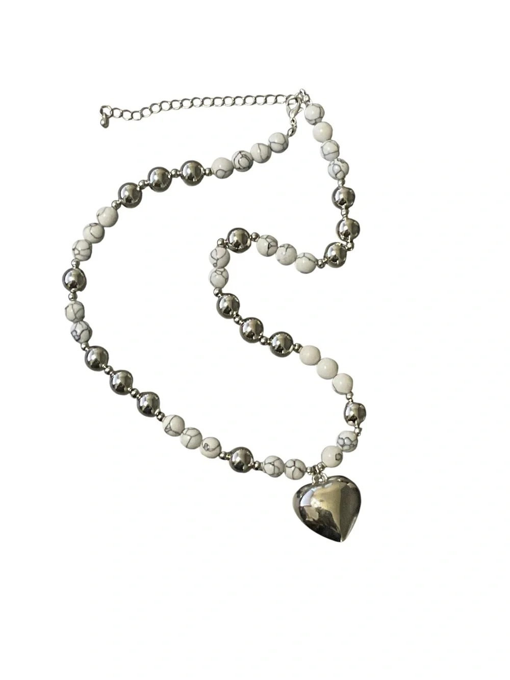 Silver Tone Heart Pendant Beaded Necklace White Marble Look Preloved